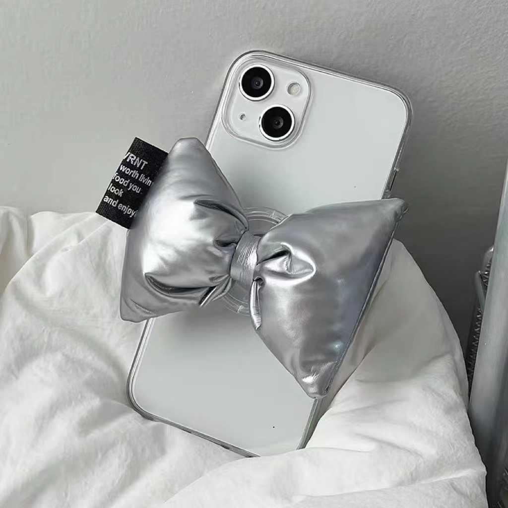 transparent-soft-shell-silver-bow-down-stand-iphone-case - Viexta