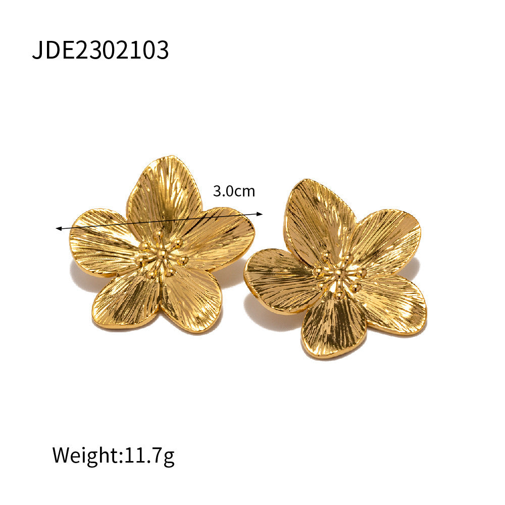 Matte Retro Gold Stainless Steel Flower Stud Earrings