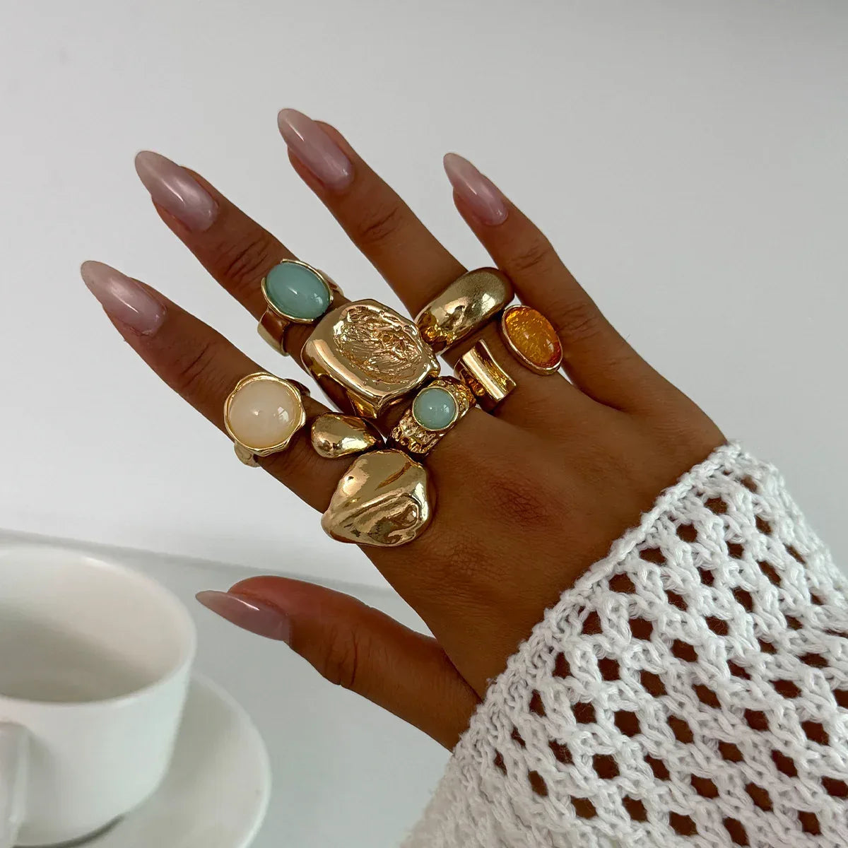 Moonstone Ring With An Irregular Wide Band - Viexta