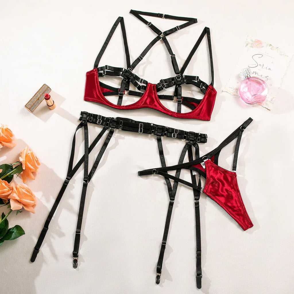 Leopard Print Strap Three-piece Lingerie - Viexta
