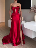 Tube Top Slit Red Extra Long Evening Dress - Viexta