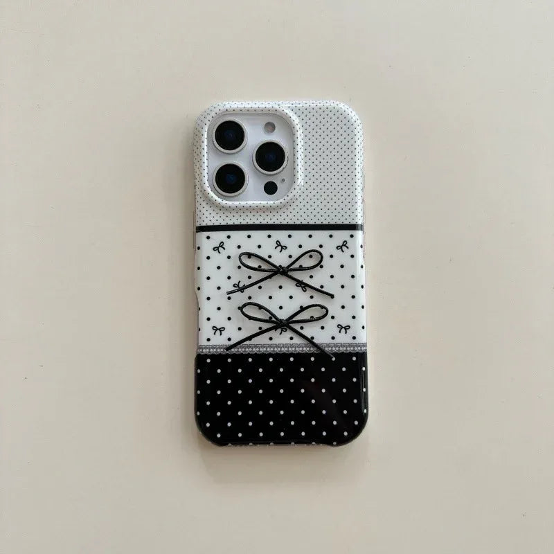 Black And White Polka Dot Stitching Stereo Bow iPhone Case - Viexta