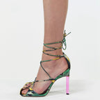 Square Toe Cross Lace-up Cutout Heels