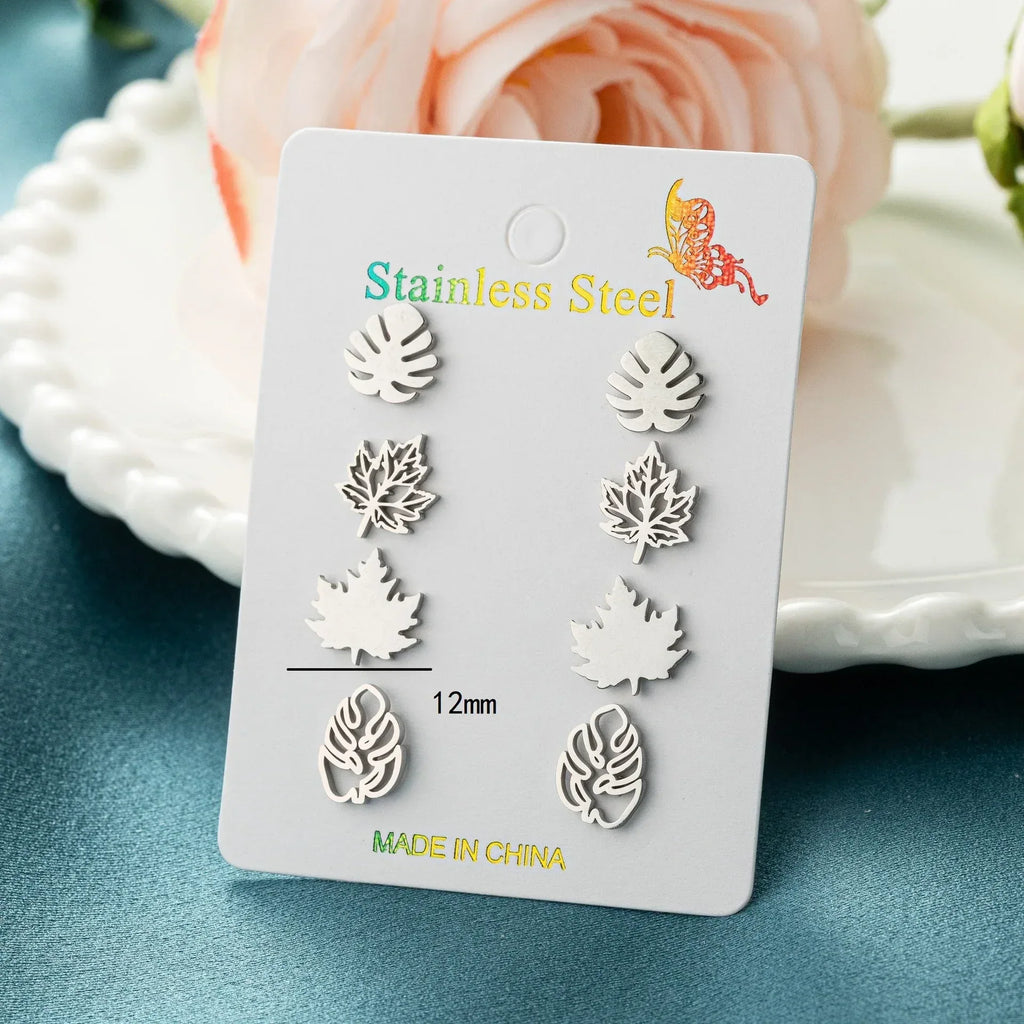 Gold Plated Stainless Steel Maple Leaf Stud Earrings Combo - Viexta
