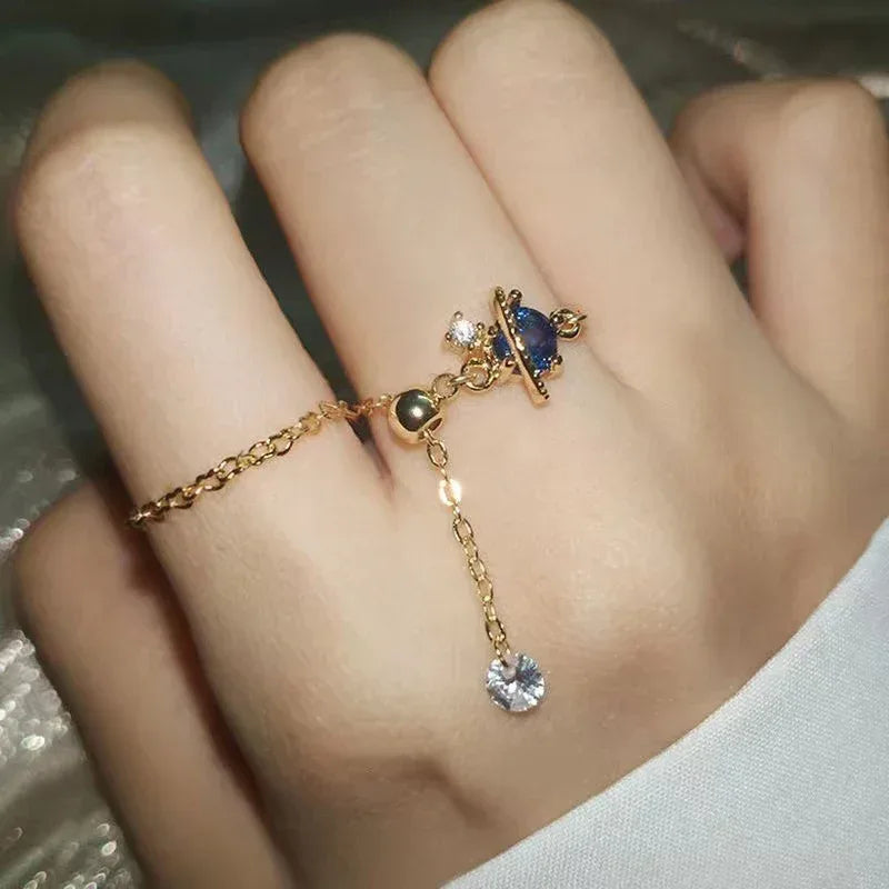 Light Luxury Blue Crystal Zircon Adjustable Ring - Viexta