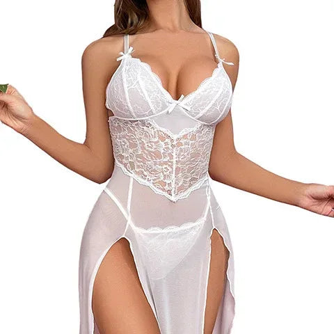 lingerie-sling-deep-v-neck-triangle-cup-sexy-slit-dress - Viexta