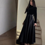 Gold Velvet Round-neck Long-sleeved Dress - Viexta