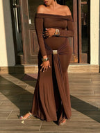 Off-the-shoulder Long-sleeved Maxi Dress - Viexta
