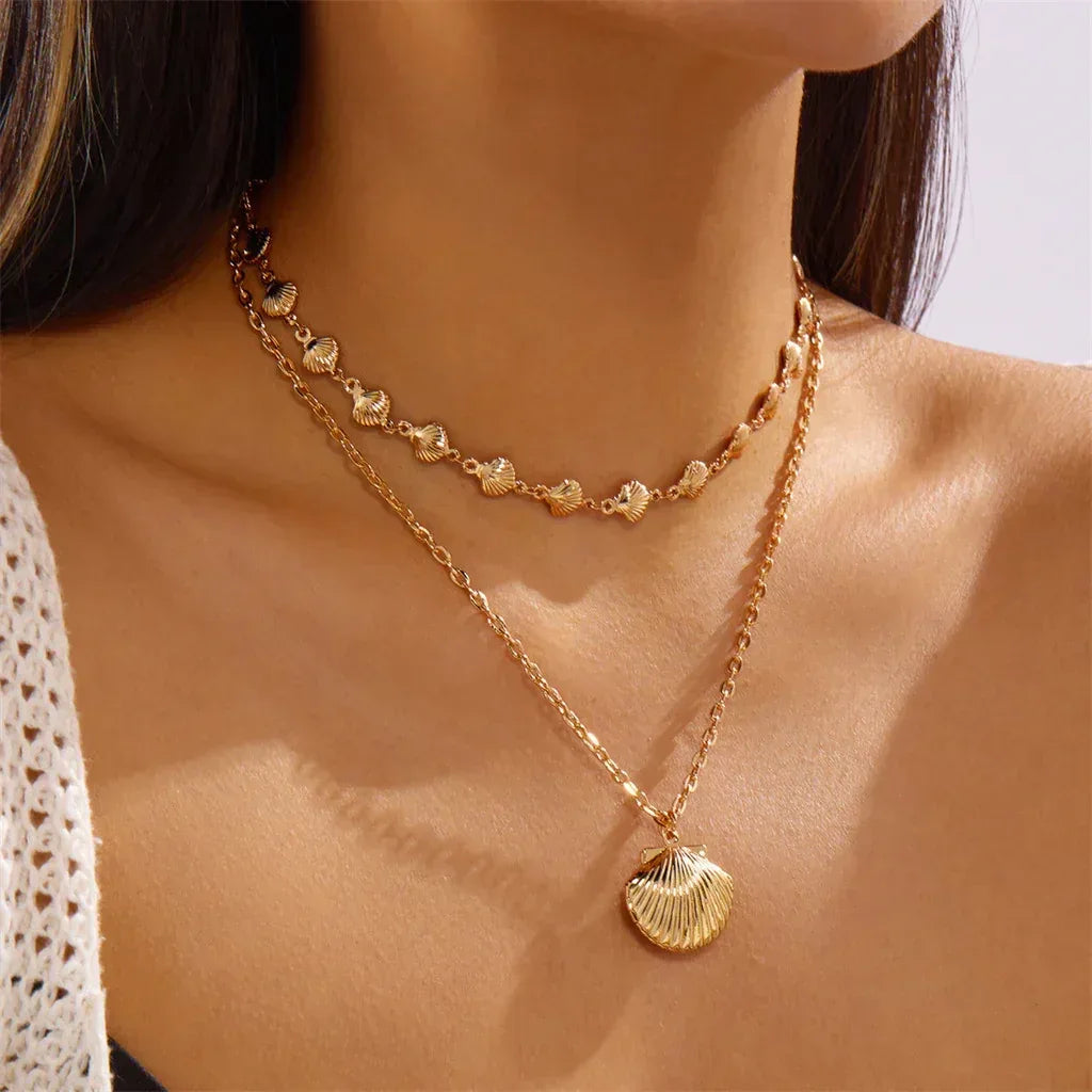 Beach Ocean Shell Double Layered Stacked Necklace - Viexta