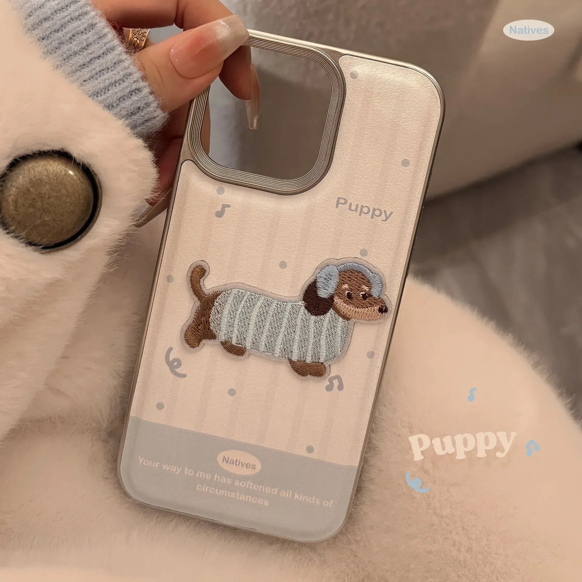 Cute Blue Milk-colored Embroidered Puppy iPhone Case - Viexta