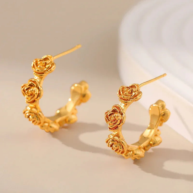 Rose Carved Retro Textured Earrings - Viexta