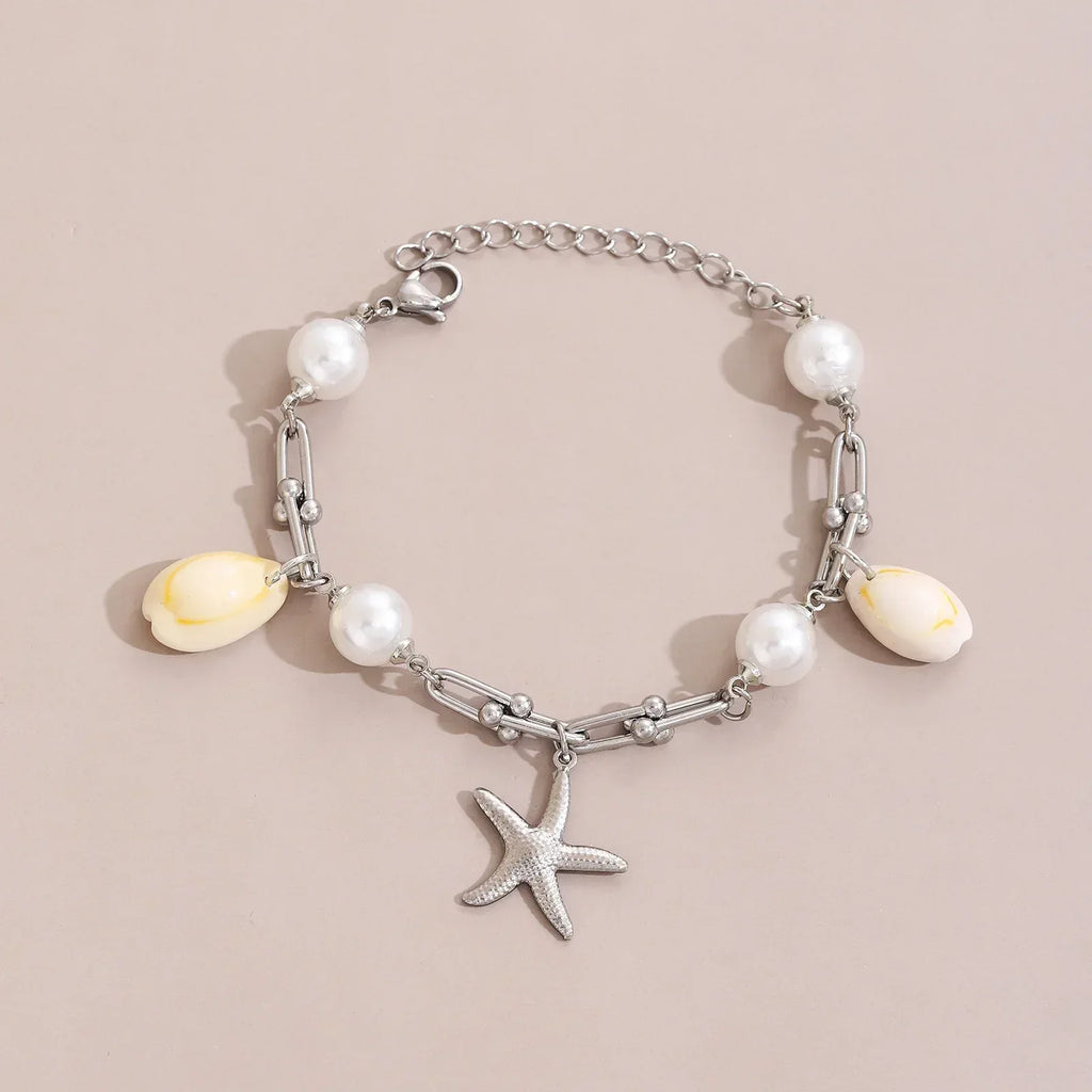 Starfish And Conch Pendant With Pearl Chain For Women - Viexta