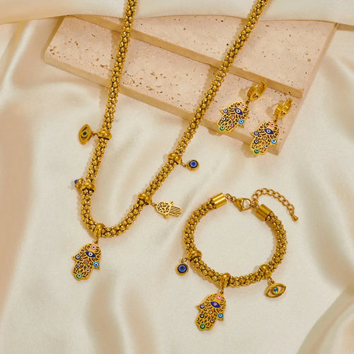 18k Palm Eye Necklace Earring Bracelet Suit - Viexta