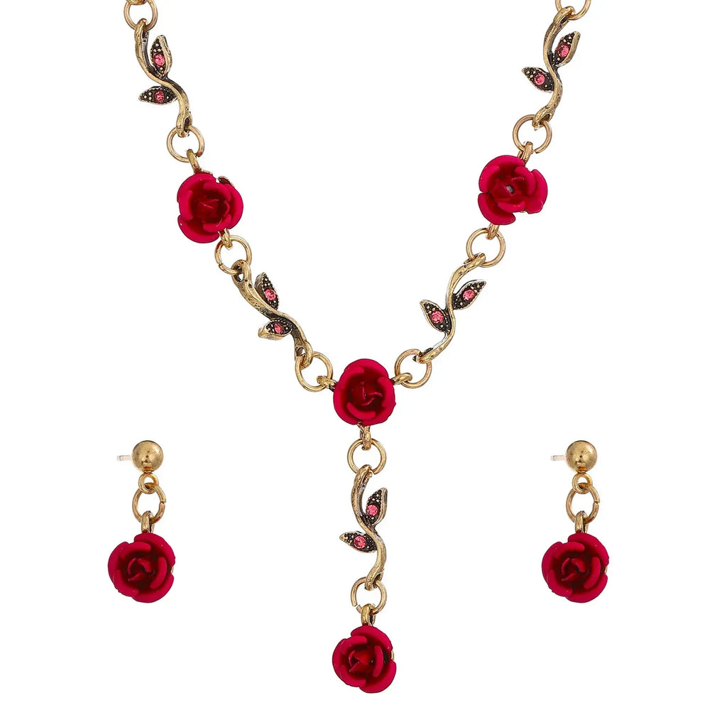 Rhinestone Love Rose Chain Necklace - Viexta