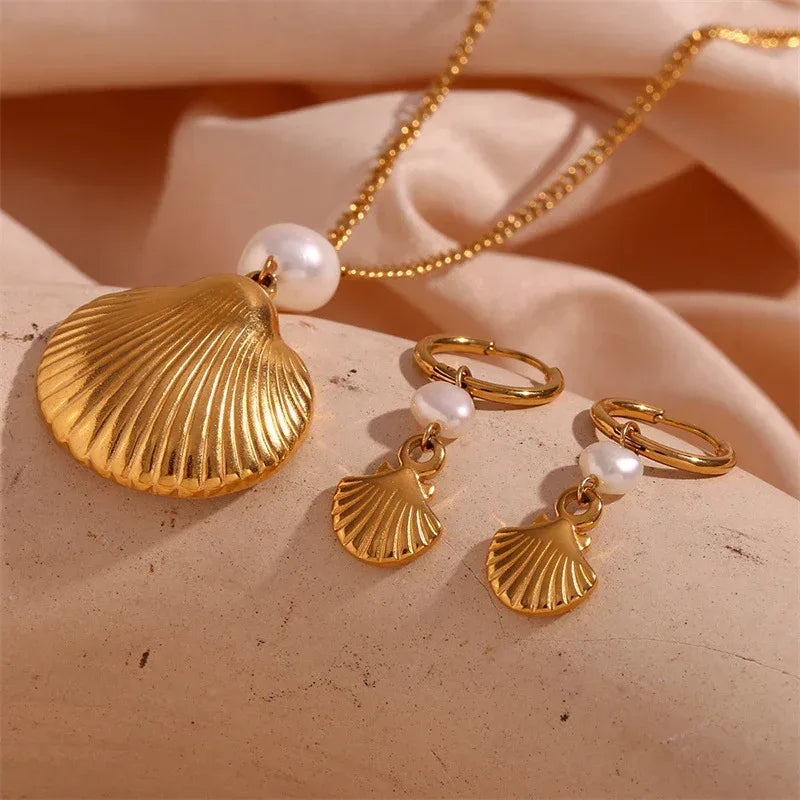 Pearl Shell Earrings And Necklace Set - Viexta