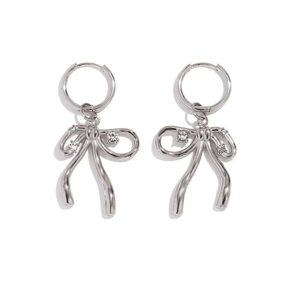 Stainless Steel 18K Gold Plating Rhinestone Bow Pendant Earring Ring - Viexta