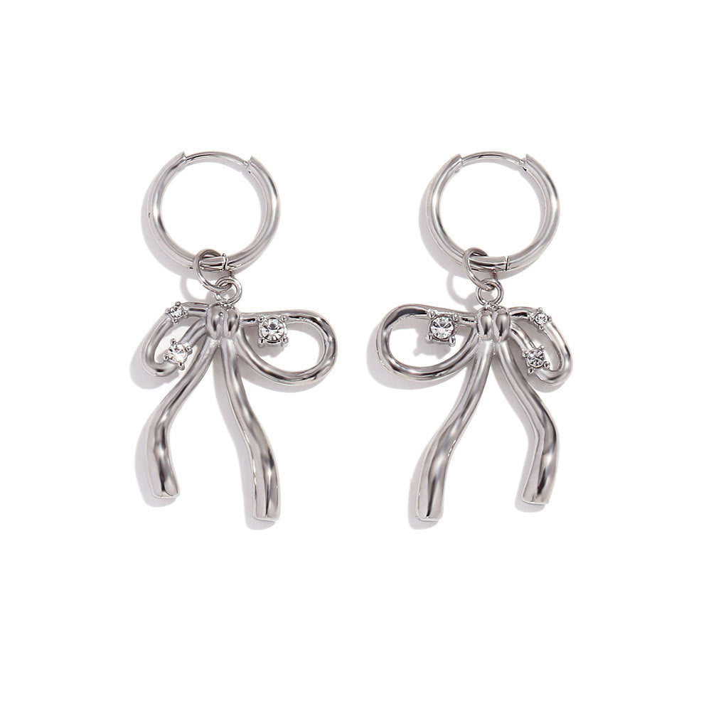 Stainless Steel 18K Gold Plating Rhinestone Bow Pendant Earring Ring