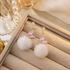 Long Butterfly Fur Ball Tassel Earrings - Viexta