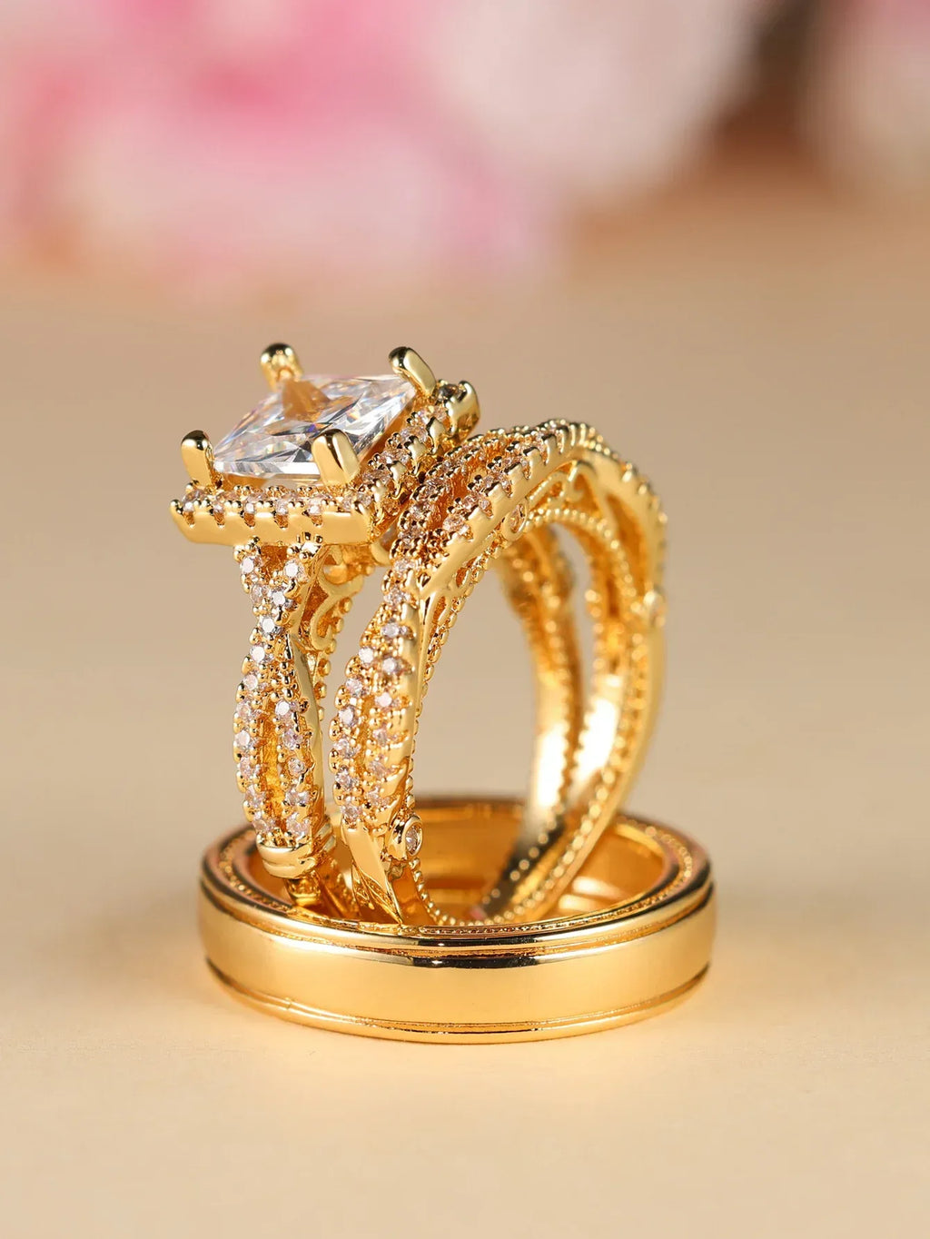 Rose Gold Three-Piece Diamond-Encrusted Zircon Ring Set - Viexta
