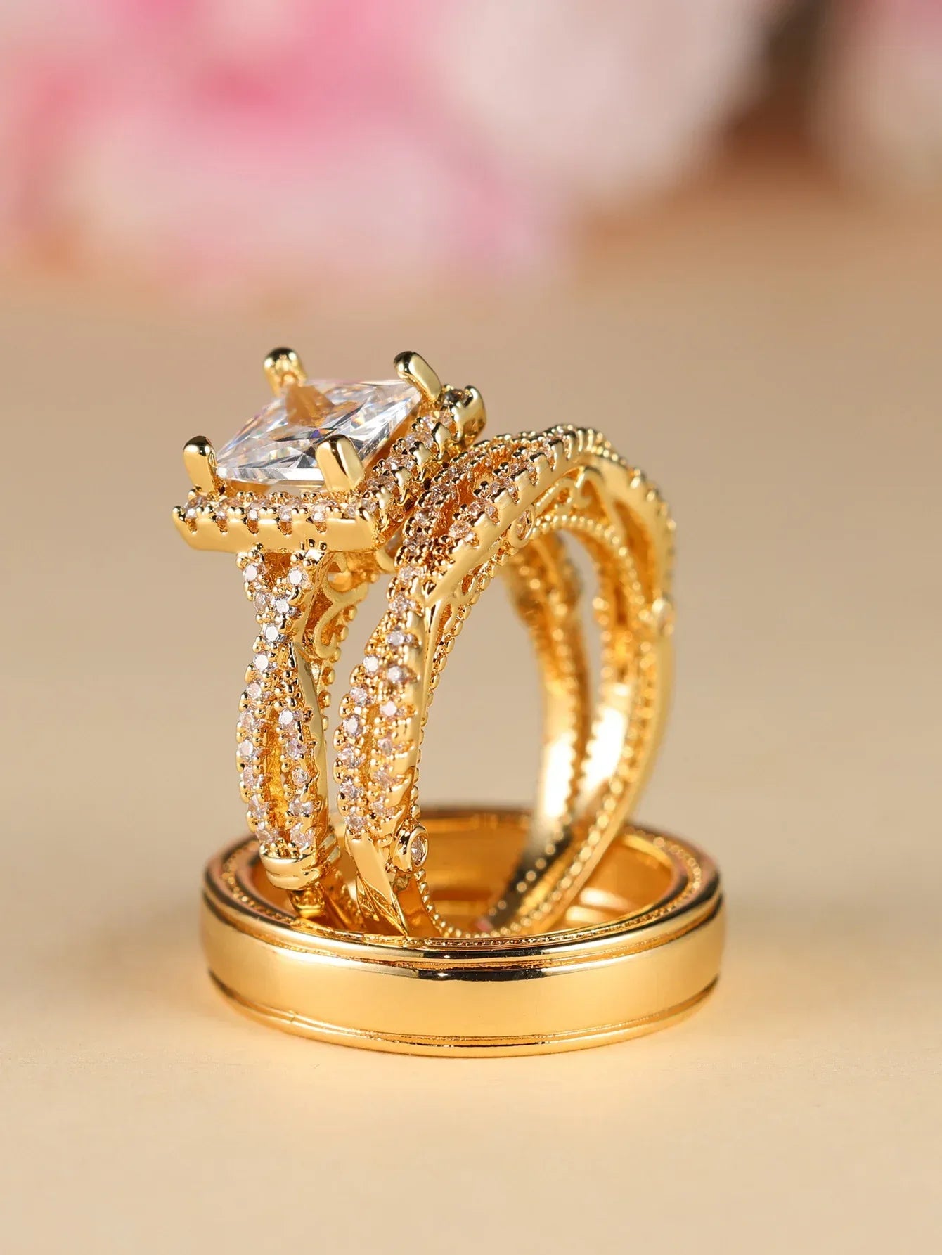 Rose Gold Three-Piece Diamond-Encrusted Zircon Ring Set - Viexta