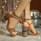 Ladies Vintage Weave Square Chunky Heel - Viexta