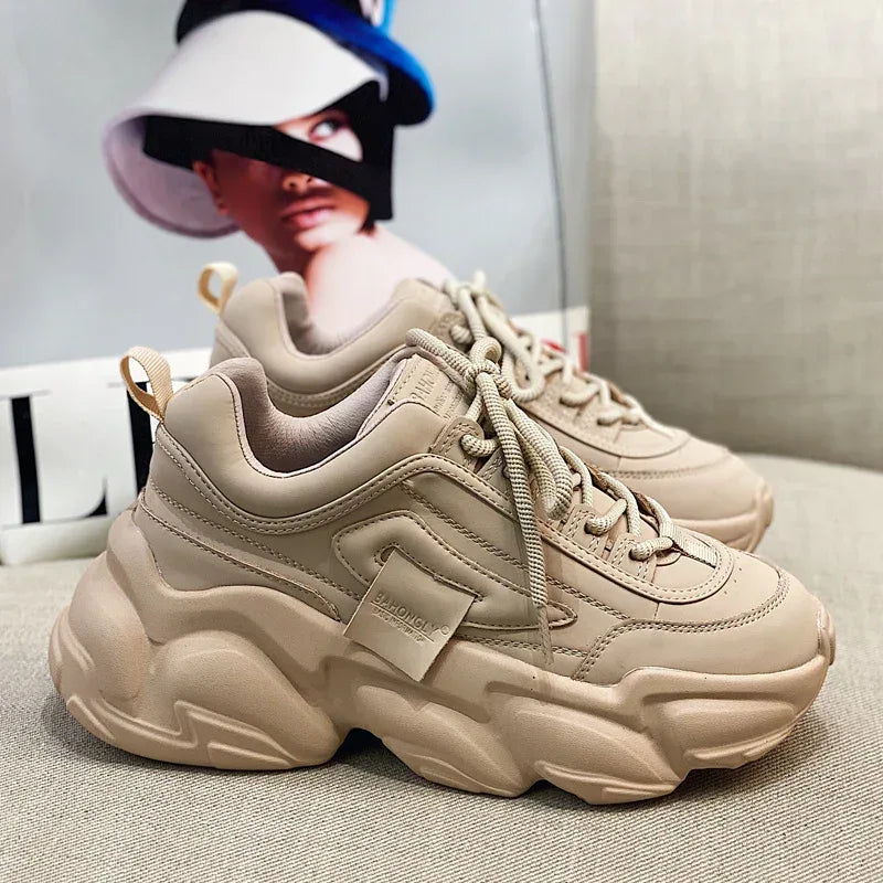 Women's Sneakers With Leather Platform - Viexta