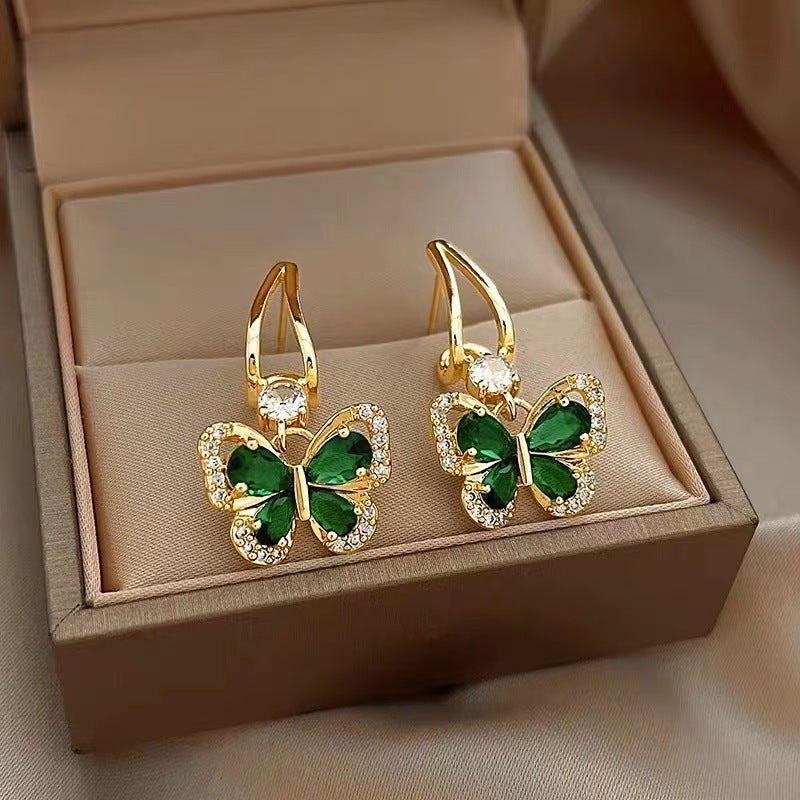 French Retro Green Zirconium Butterfly Earrings