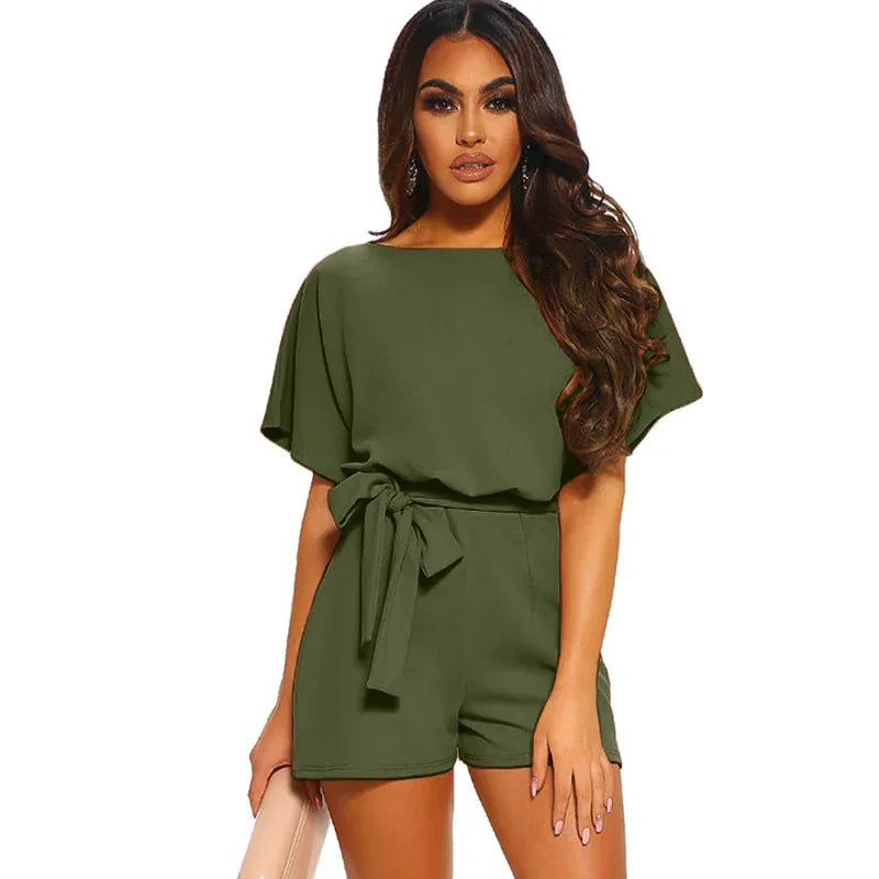 Short-sleeved Lace-up Jumpsuit - Viexta