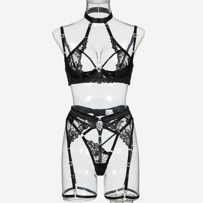 Love Drill Buckle Cutout Embroidered Lingerie Suit