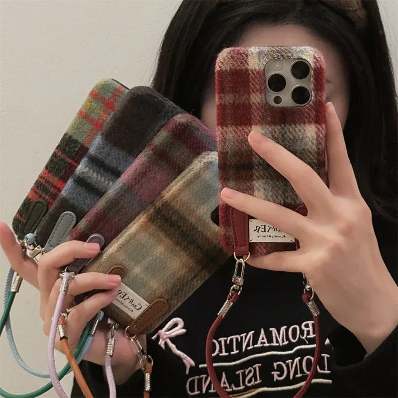 Flannel Contrast Color Check Carrying Strap iPhone Case - Viexta