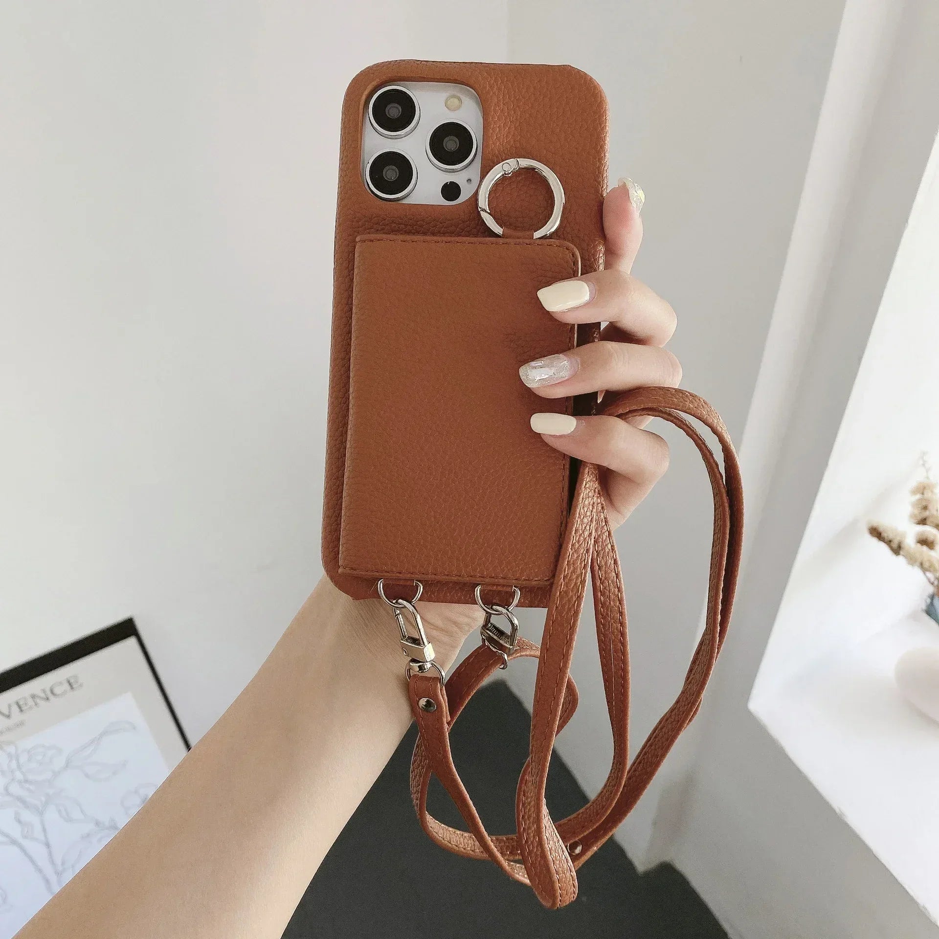 Lychee Pattern Mirror Lanyard iPhone Case - Viexta
