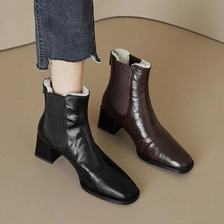 Retro Chunky Heel Fur Booties - Viexta