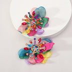 Rhinestone Chiffon Flower Stud Earrings For Women