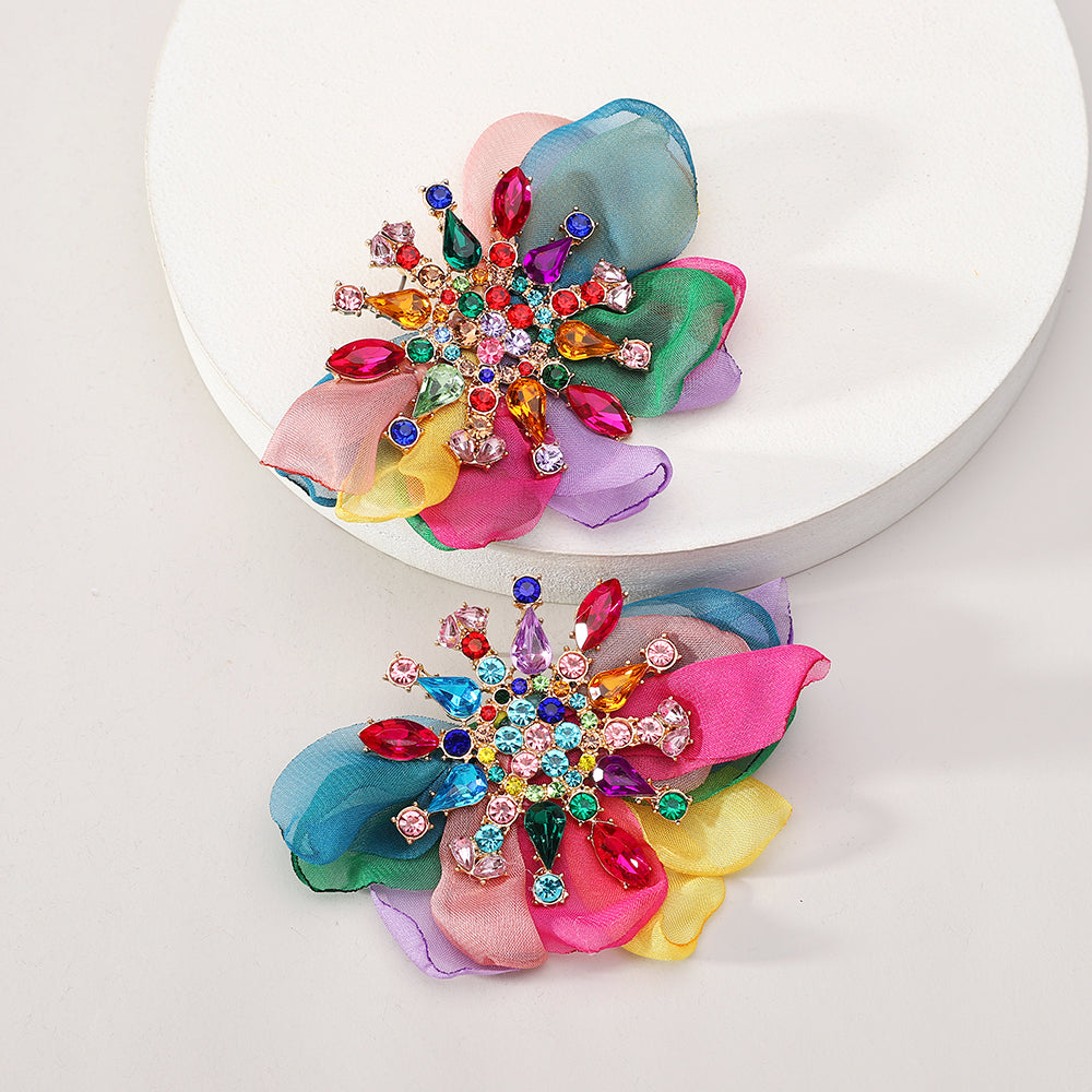 Rhinestone Chiffon Flower Stud Earrings For Women