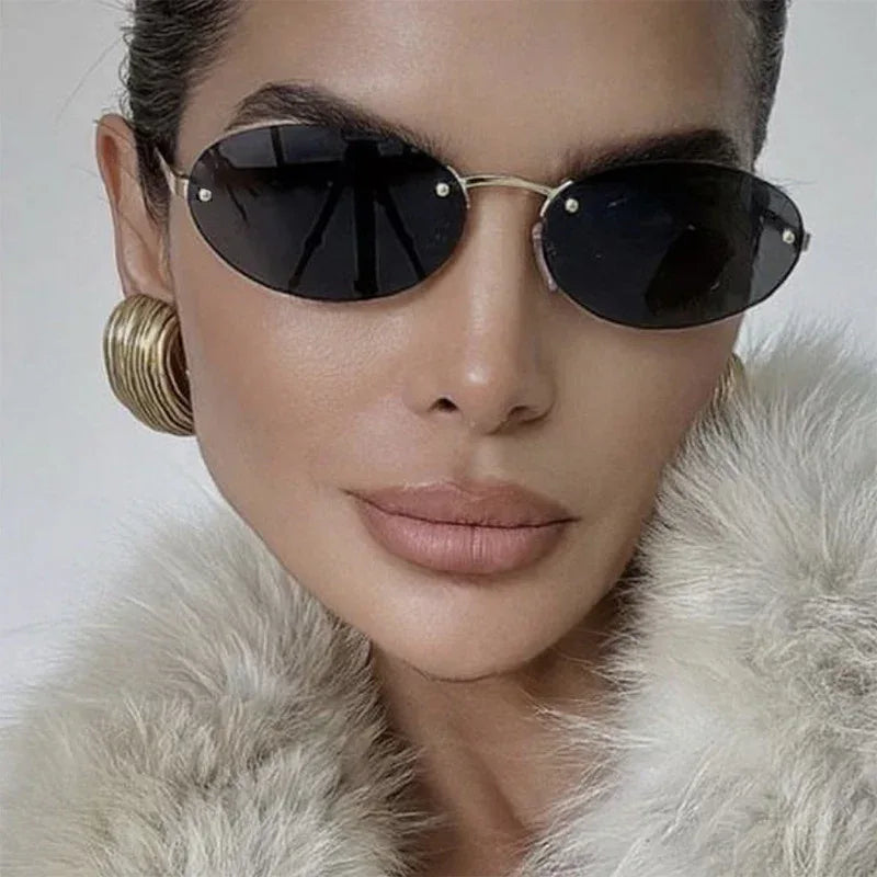 Metal Frameless Oval Rivet Sun Glasses - Viexta