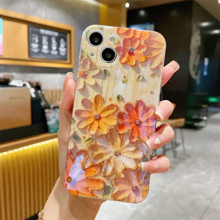 Yellow Oil Painting Flowers Phone Case Rhinestone Epoxy - Viexta