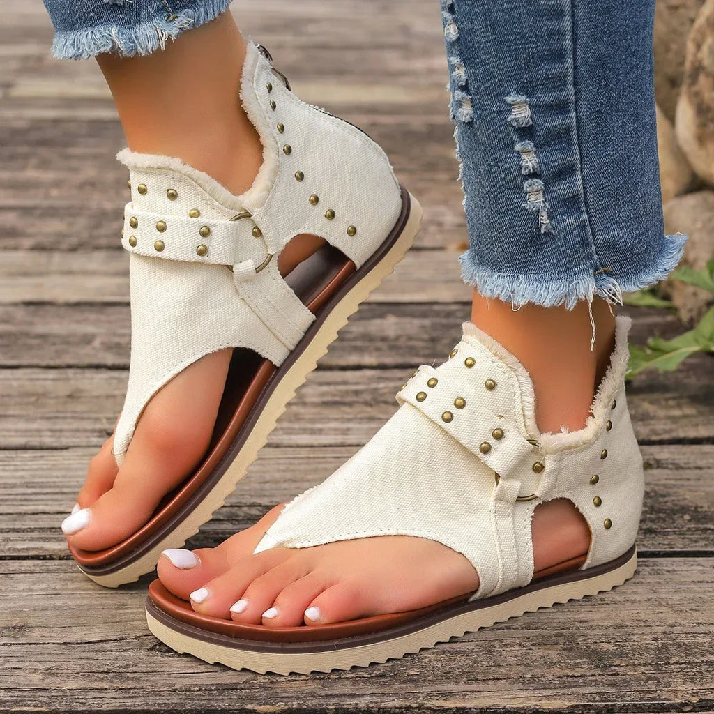 Denim Thong Sandals With Rear Zipper - Viexta