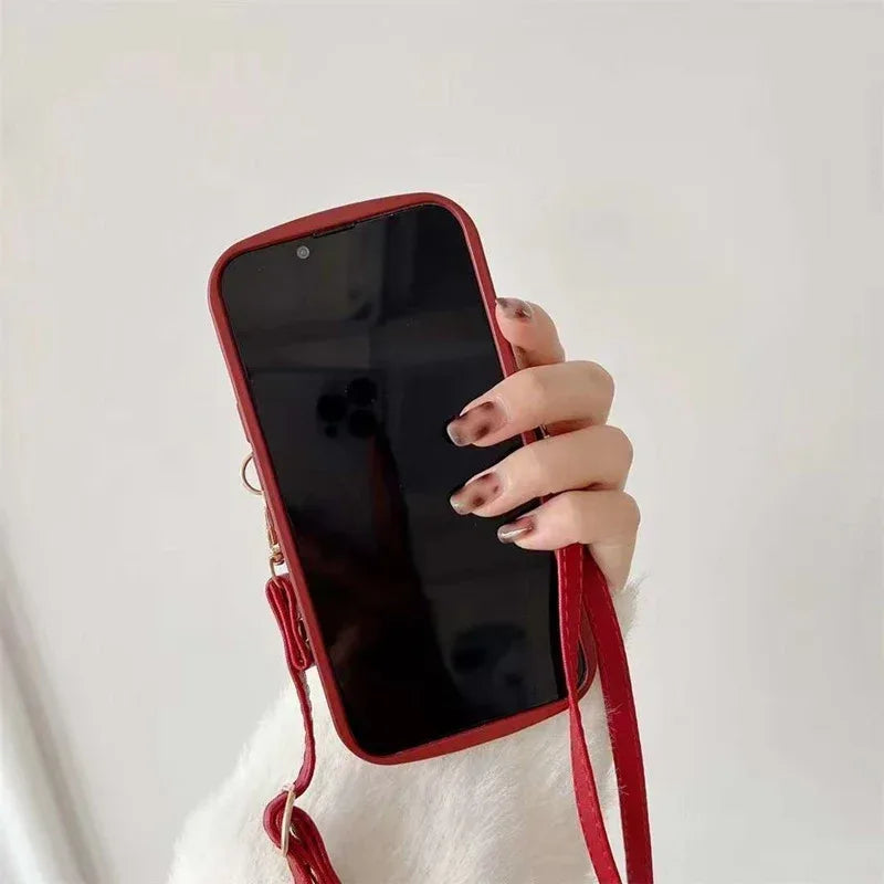 Red Crossbody Card Holder With Lanyard iPhone Case - Viexta