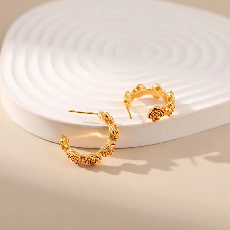 Rose Carved Retro Textured Earrings - Viexta