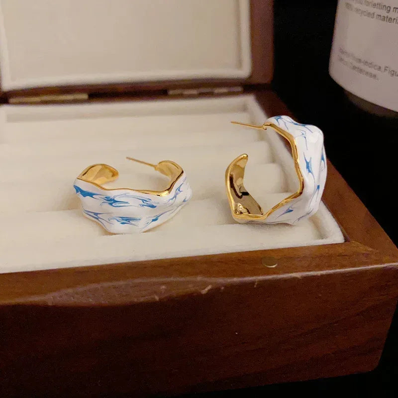 Sterling Silver Irregular Blue And White Porcelain Ear Ring - Viexta