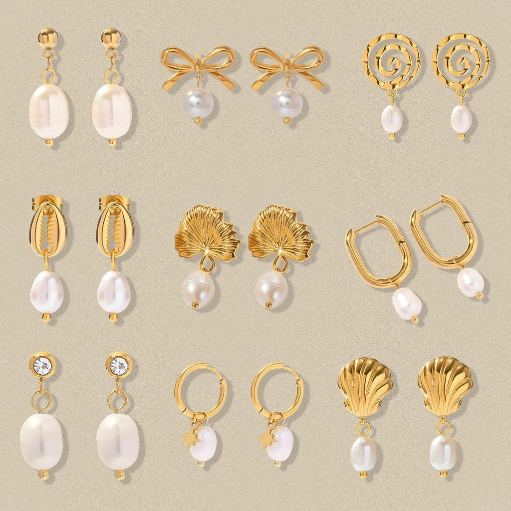 18k Gold Stainless Steel Pearl Ginkgo Pendant Earrings - Viexta