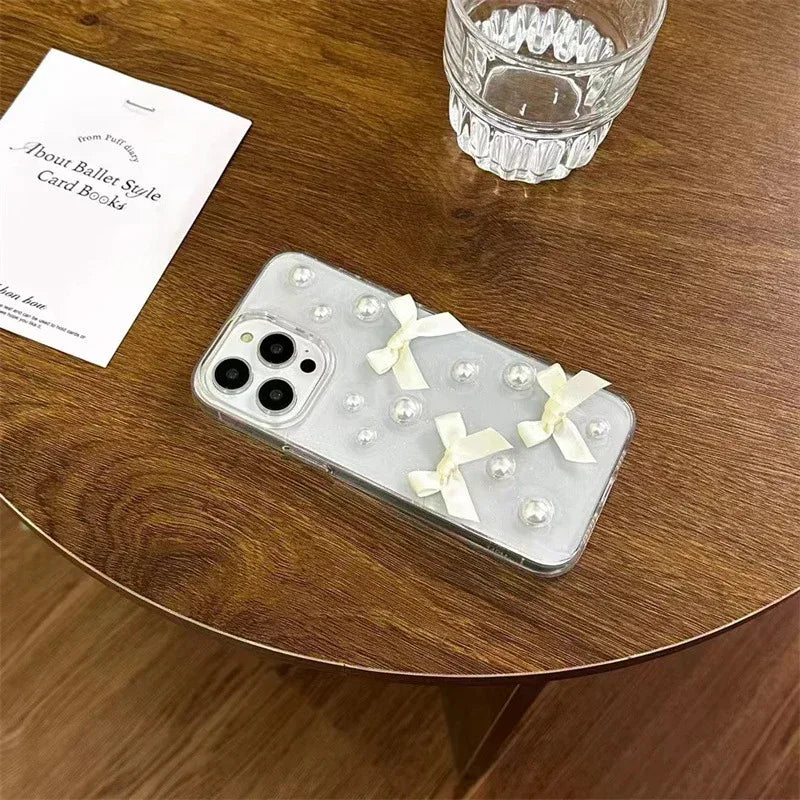 Niche Three-dimensional Pearl Bow iPhone Case with Charm - Viexta