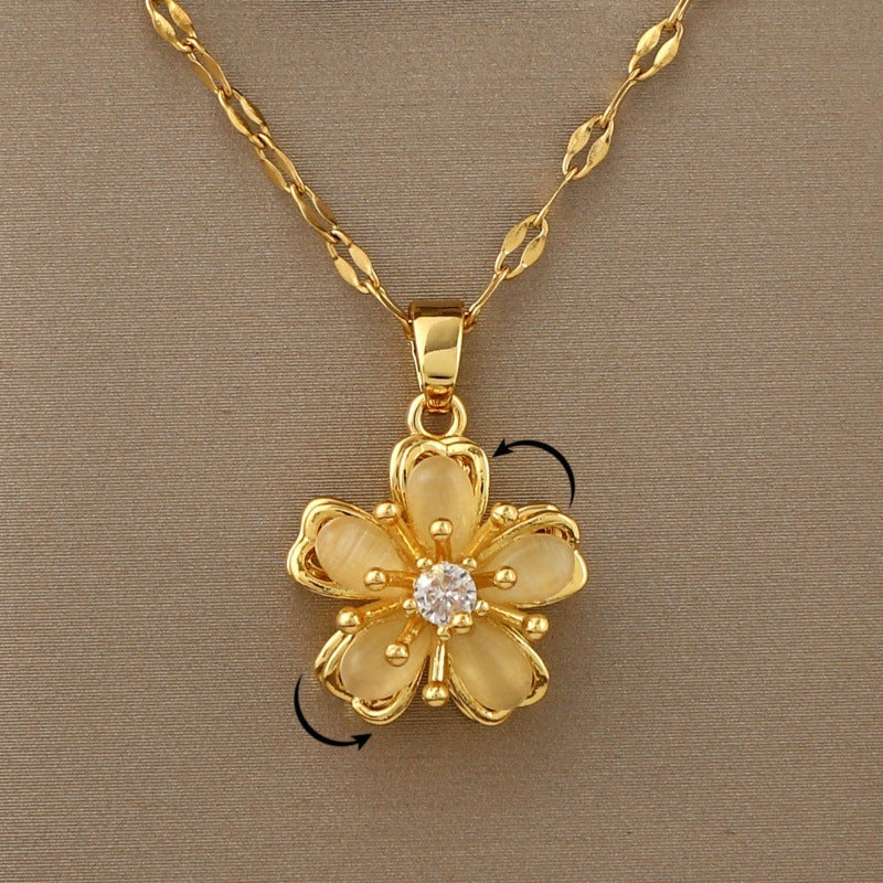 Rotating Opal Five Petal Flower Pendant Necklace