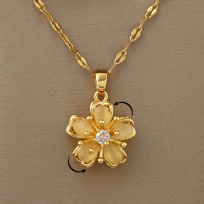 Rotating Opal Five Petal Flower Pendant Necklace