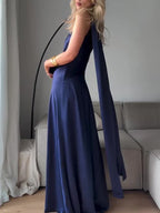 Royal Blue Satin Sleeveless Maxi Dress - Viexta