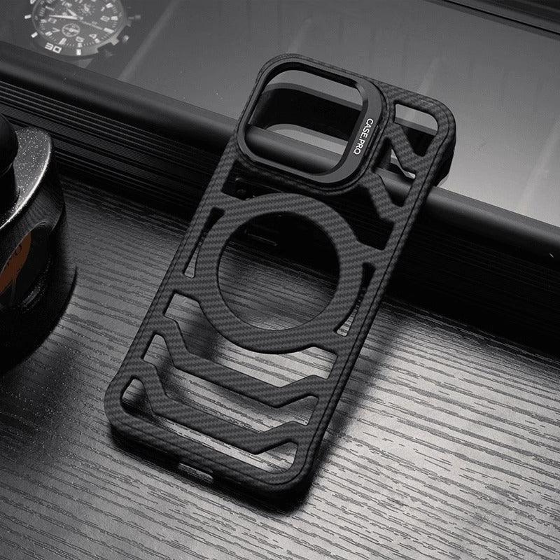 hollow-carbon-fiber-pattern-frameless-magnetic-bracket-iphone-case - Viexta