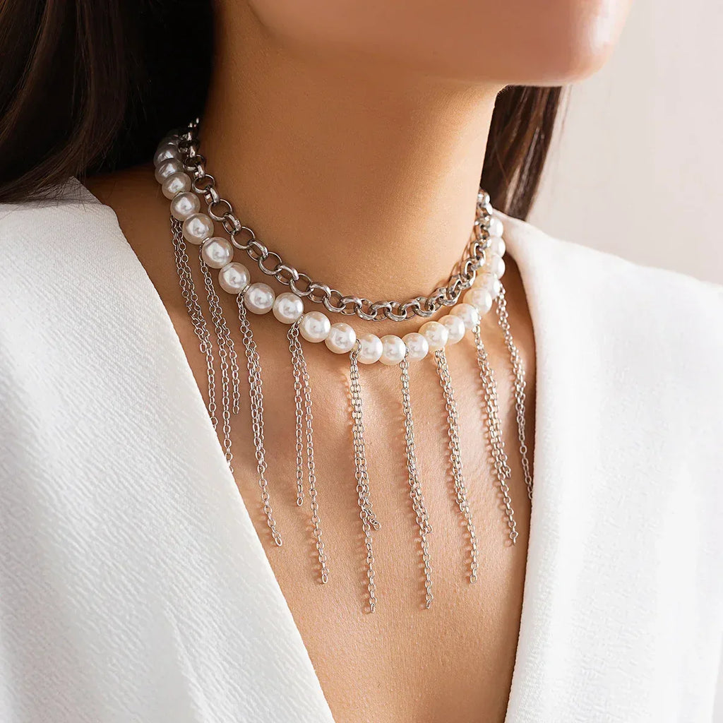pearl-tassel-double-layer-retro-necklace - Viexta