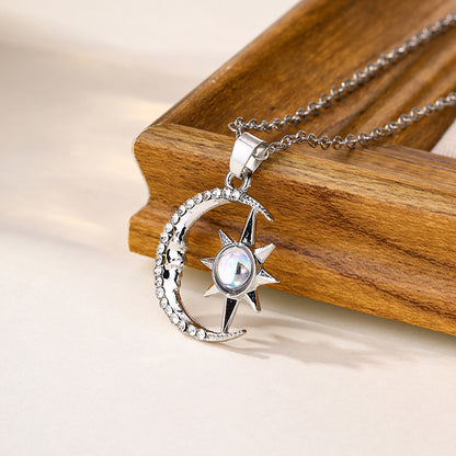 Stainless Steel Moon Star Zircon Necklace