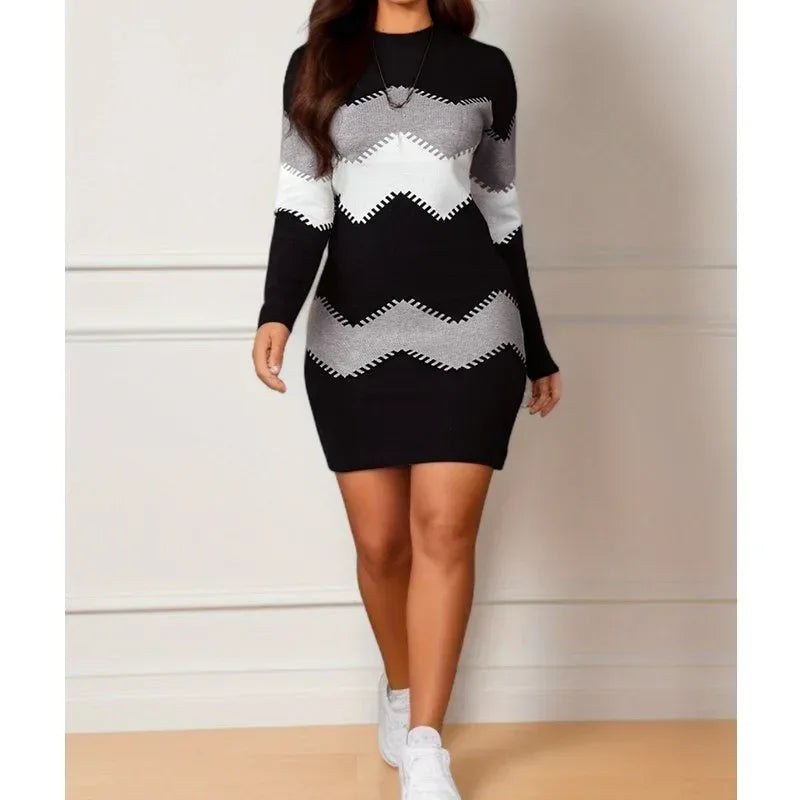 Mid-length Short Skirt Round Neck Long Sleeve Printed Knitted Sheath Dress - Viexta