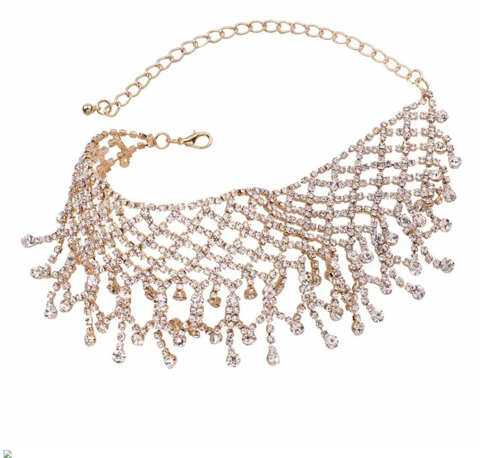 Rhinestone Fringed Necklace Chain - Viexta